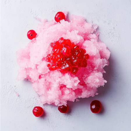 A delightful pink shaved ice dessert topped with vibrant cherry syrup and garnished with cherries, perfect for summer gatherings and sweet treats.の素材