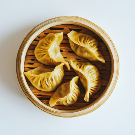 A vibrant display of steamed dumplings arranged in a bamboo steamer. This traditional Asian dish highlights culinary artistry and delightful flavors. Perfect for food photography.の素材