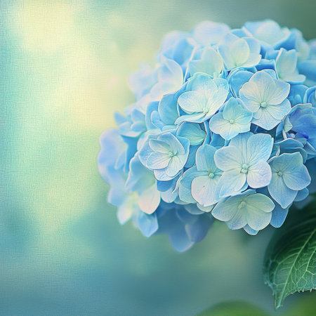 A close-up image of soft blue hydrangea blooms showcasing delicate petals against a gentle textured background, perfect for nature-themed projects and designs.の素材