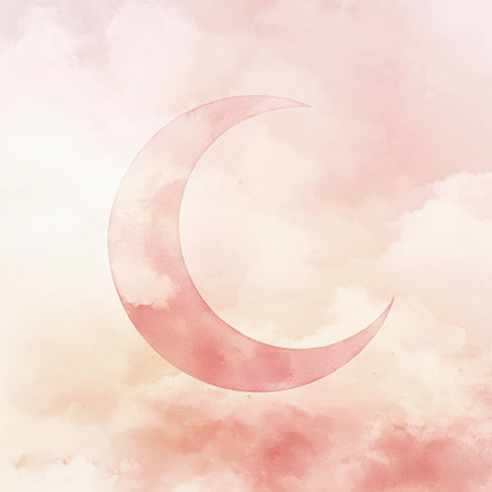 A serene and dreamy image featuring a soft pink moon nestled among gentle clouds in a pastel sky, evoking feelings of tranquility and beauty in a tranquil atmosphere.の素材