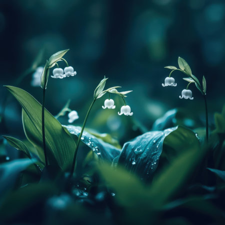 Beautiful close-up of delicate lily of the valley flowers adorned with dew, surrounded by lush green foliage in a tranquil forest setting. Ideal for nature lovers.の素材