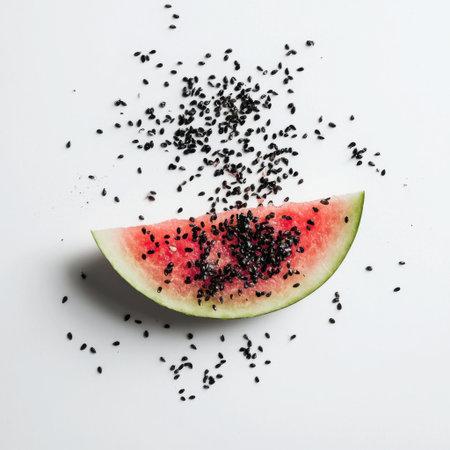 A vibrant slice of watermelon showcases its juicy red flesh and unique black seeds against a clean white background, perfect for summer recipes and fresh snacks.の素材