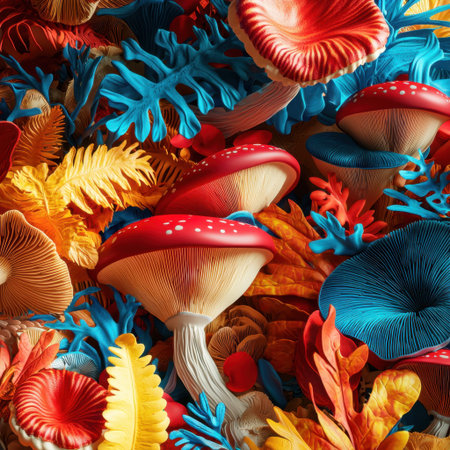 This vibrant image showcases a variety of colorful fungi nestled among tropical foliage, creating a striking and lively composition ideal for nature enthusiasts.の素材