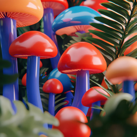 A stunning arrangement of vibrant mushrooms in a lush forest environment, showcasing colorful caps and surrounding greenery, creating an enchanting natural scene.の素材