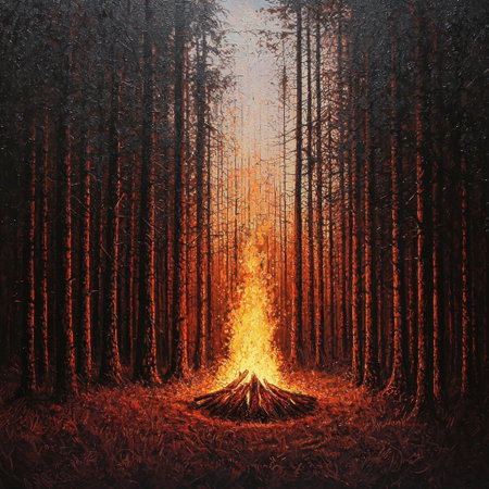 A captivating campfire blazes brightly in a dark forest, casting a warm glow among tall trees. This serene night scene evokes feelings of adventure and tranquility.の素材