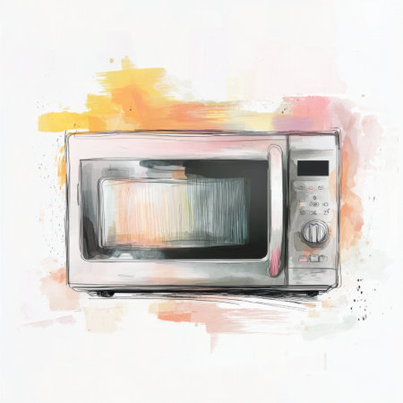 A stylish modern microwave set against an artistic background, showcasing vibrant colors and an elegant design that enhances any kitchen space.の素材