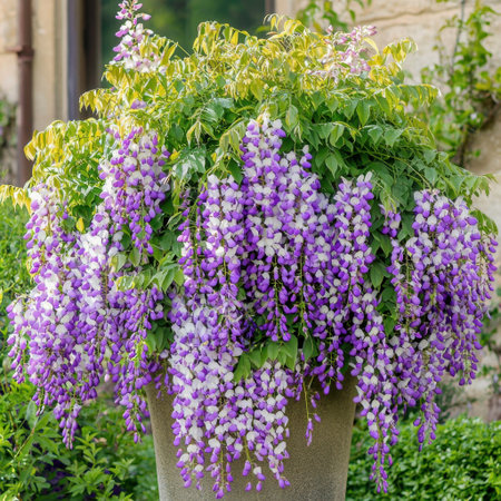 A stunning display of wisteria flowers in a large pot, showcasing vibrant purple blooms and lush green leaves, perfect for enhancing outdoor spaces.の素材