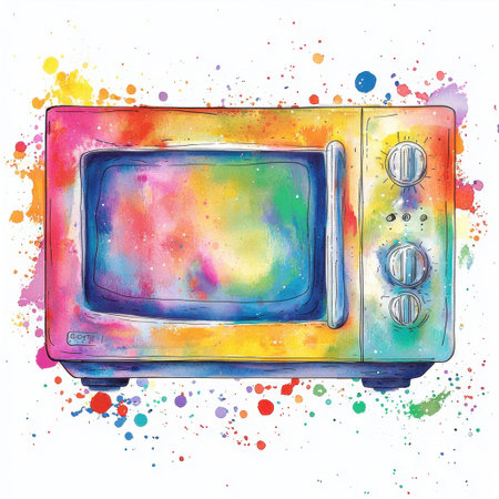 Vibrant illustration of a retro microwave surrounded by colorful paint splashes, perfect for modern kitchen decor or artistic design inspiration.の素材