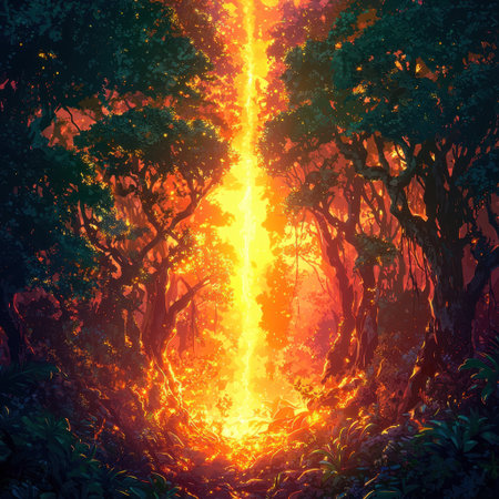 A stunning view of an enchanting forest radiating warm light through lush trees. This captivating scene invites exploration and showcases nature's beauty.の素材