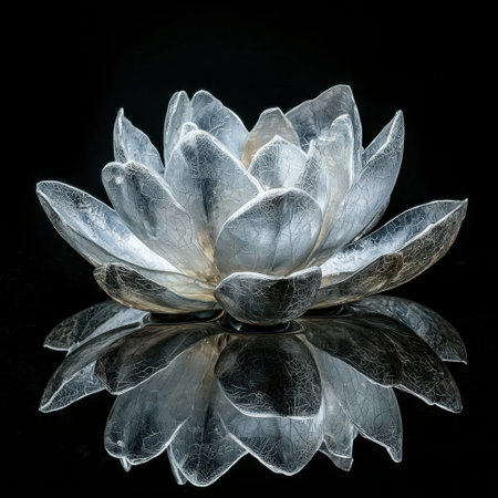 A stunning frosted glass lotus flower sculpture featuring intricate petal details. The serene beauty and reflective qualities create a captivating focal point.の素材