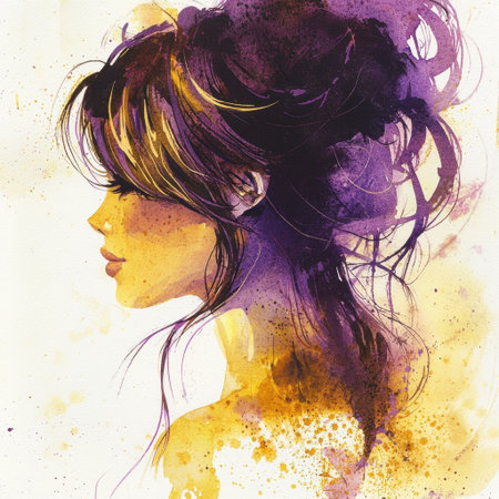 This elegant watercolor portrait features a young woman in profile, highlighted by vibrant colors and soft brush strokes, evoking creativity and beauty.の素材