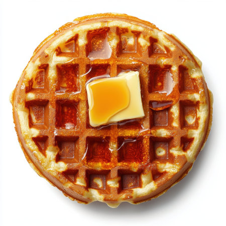 A perfectly cooked golden waffle topped with a pat of butter and a drizzle of maple syrup, showcasing a delightful breakfast option on a clean white background.の素材