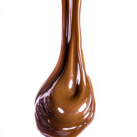 A close-up image of rich, glossy brown chocolate dripping gracefully against a white background. This visually appealing shot captures the smooth texture and indulgent nature of chocolate, perfect for culinary and food design applications.の素材