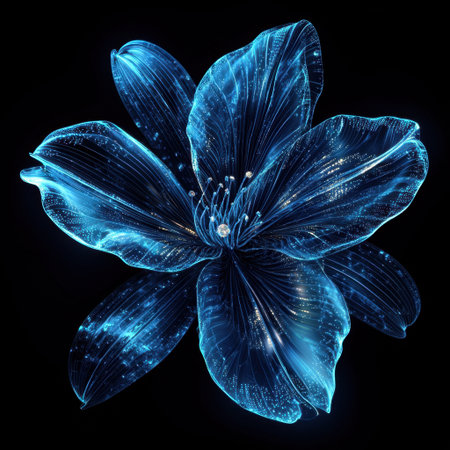 A stunning digital illustration of a blue flower features vivid neon effects and a glowing appearance. Perfect for art and nature-themed projects.の素材
