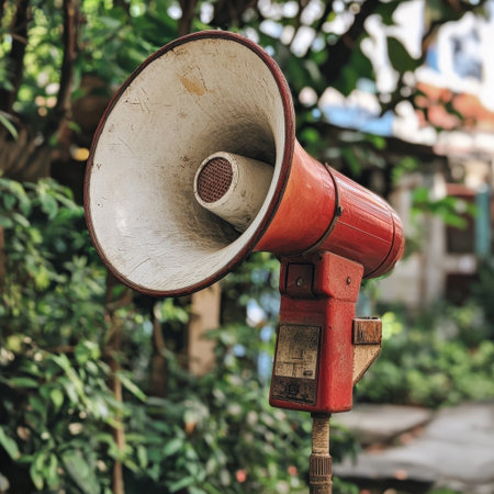 A vintage red megaphone stands prominently in a lush outdoor setting, showcasing a unique blend of retro design against vibrant natural greenery.の素材