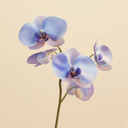 A stunning blue orchid flower stands gracefully, showcasing its delicate petals against a soft beige backdrop. This image captures the elegance and beauty of nature.の素材