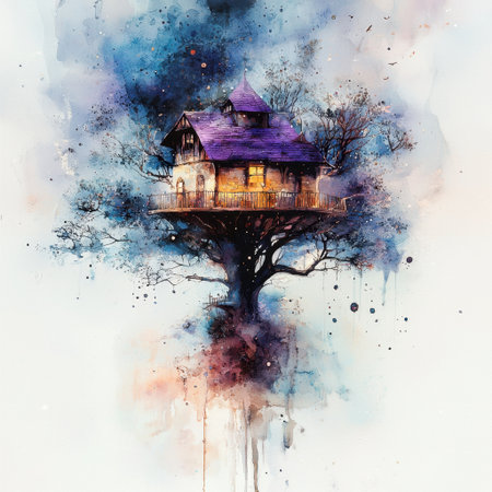 A captivating treehouse floating amidst a dreamy sky of blue and purple, surrounded by delicate branches. This enchanting artwork inspires imagination and wonder.の素材
