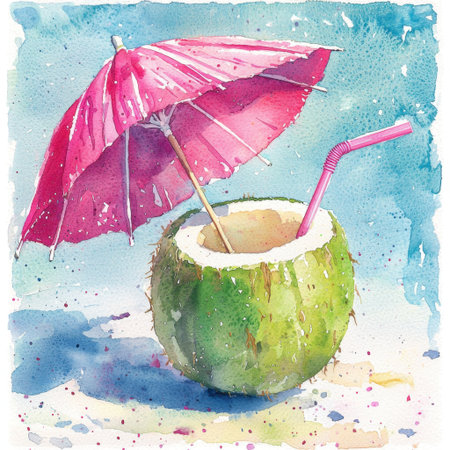 A vibrant watercolor illustration depicting a coconut drink adorned with a pink umbrella and straw, symbolizing summer relaxation and tropical vibes.の素材