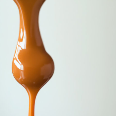 A vibrant orange liquid drips gracefully from a spoon, showcasing a glossy texture against a clean white background, ideal for culinary visuals.の素材