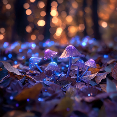A captivating scene of glowing mushrooms nestled among leaves in an enchanted forest, illuminated by soft bokeh lights. Perfect for nature and fantasy themes.の素材