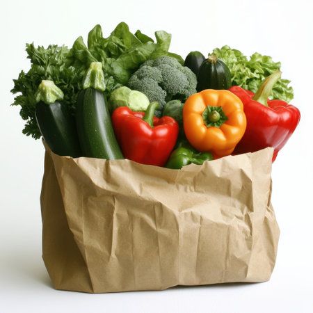 A collection of fresh organic vegetables in a brown paper bag, showcasing a healthy lifestyle. Perfect for recipes, cooking visuals, and nutrition themes.の素材
