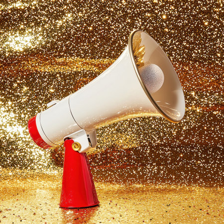 A vibrant megaphone stands out against a sparkling gold background, creating a festive atmosphere perfect for events, celebrations, or promotional activities.の素材