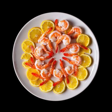 An exquisite arrangement of shrimp on a plate surrounded by slices of lemon. This vibrant seafood presentation is perfect for elegant dining experiences and festive occasions.の素材
