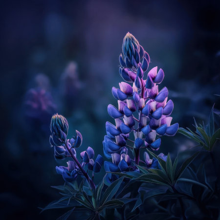 A stunning close-up of purple lupin flowers capturing the beauty of nature. Their delicate petals and vibrant colors create a serene atmosphere in any garden setting.の素材