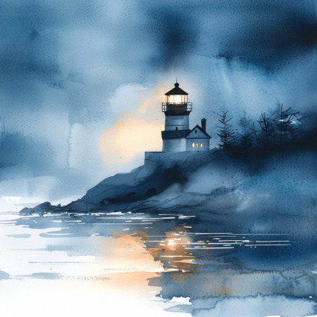 This watercolor painting captures a serene lighthouse on a rocky shoreline under a dramatic evening sky, with tranquil waters reflecting soft hues, evoking calmness.の素材
