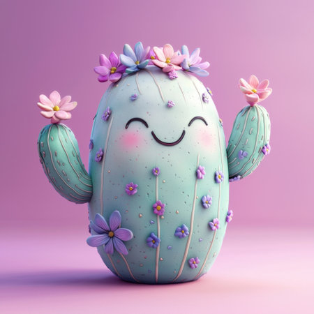 This adorable cactus character features a joyful smile and colorful flowers, making it a delightful addition to any space. Perfect for cheerful decor.の素材