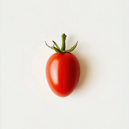 A vibrant red tomato with a green stem sits on a clean white background, showcasing its natural beauty. Perfect for food-related themes and healthy recipes.の素材