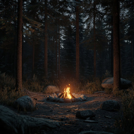 A warm campfire nestled between towering trees creates a serene atmosphere for outdoor enthusiasts. Perfect for leisure, relaxation, and adventure in nature.の素材