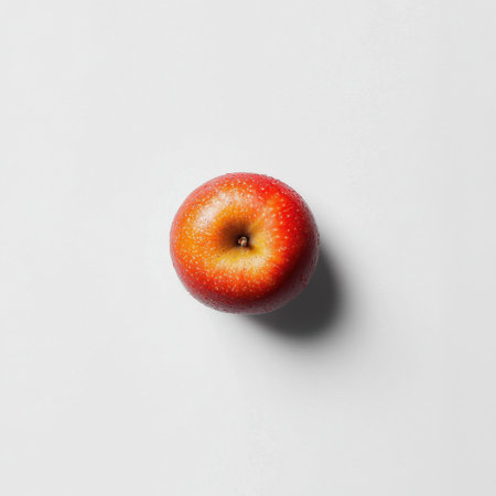 A fresh red apple sits alone on a white background, showcasing its shiny skin and vibrant color. This minimalist image highlights the apple's natural beauty and freshness.の素材