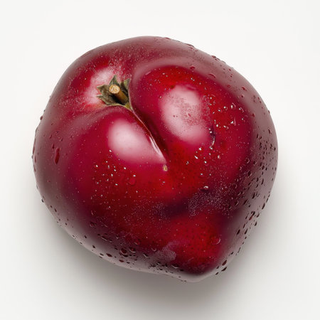 A vibrant red apple glistening with water droplets, set against a pristine white background. Perfect for health, nutrition, and food related themes.の素材