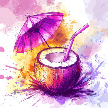 Vibrant illustration of a coconut drink with a straw and umbrella, surrounded by colorful splashes. Perfect for summer, tropical themes, and refreshing beverage ideas.の素材