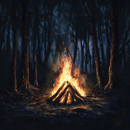 A serene campfire burns brightly in a dark forest, surrounded by tall trees. The warm glow creates a tranquil atmosphere, perfect for adventure and relaxation.の素材