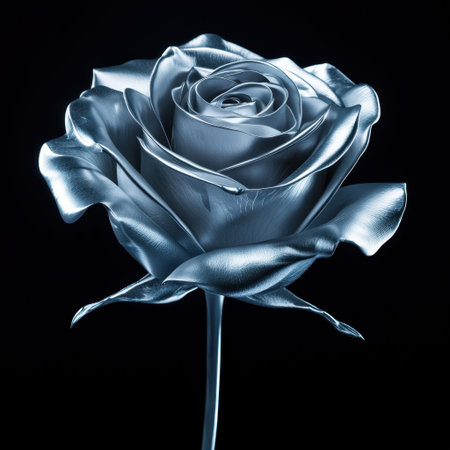 An elegant silver rose stands out with its stunning details against a black background. This captivating image highlights beauty and sophistication in floral designs.の素材