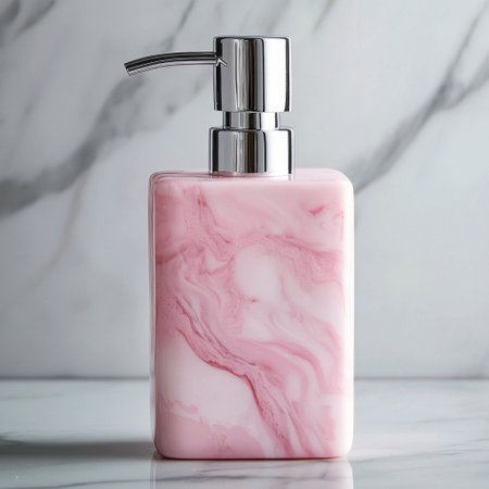 This elegant pink marble soap dispenser enhances modern bathroom decor with its stylish design, combining functionality and beauty for a sophisticated touch.の素材