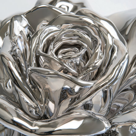 This stunning metallic rose sculpture showcases shiny surfaces and intricate details, perfect for modern decor and artistic displays in any elegant setting.の素材