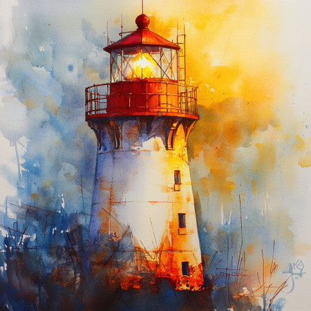 A striking lighthouse illuminated at sunset, surrounded by warm colors and soft backgrounds. This artistic watercolor captures the essence of maritime beauty.の素材