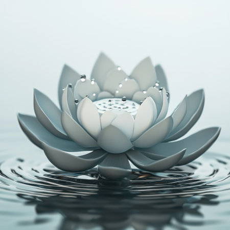A stunning white lotus flower gracefully emerges from calm water, adorned with delicate droplets. This serene scene evokes feelings of tranquility and beauty, perfect for relaxation or meditation themes.の素材