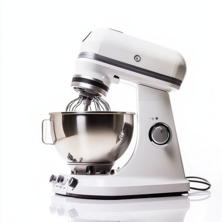 This modern kitchen stand mixer features a stainless steel bowl and powerful whisking attachments, perfect for any cooking or baking task in the home.の素材