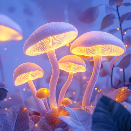 Discover a whimsical forest scene featuring luminous mushrooms amidst lush foliage, creating a dreamlike atmosphere perfect for nature lovers and fantasy enthusiasts.の素材