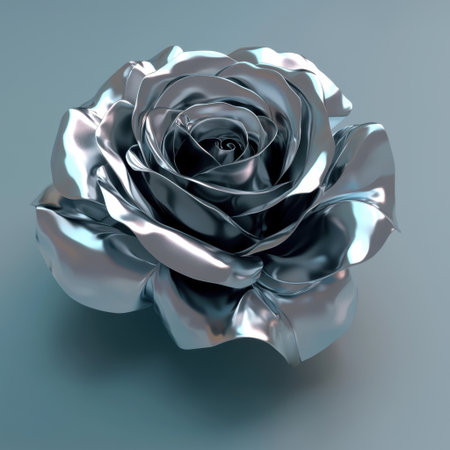 A stunning silver rose sculpture on a soft blue background creates an elegant and artistic visual, perfect for use in various design projects and presentations.の素材
