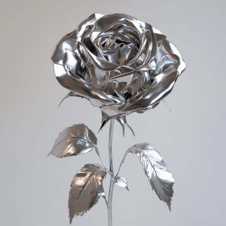 A breathtaking silver metal rose sculpture showcases an intricate design with realistic petals and leaves. Perfect for modern home decor and creative gifts.の素材