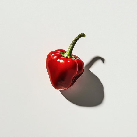 A stunning close-up of a fresh red bell pepper set against a clean white background, showcasing its vibrant color and natural shadow, perfect for food-related projects.の素材