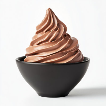 Luscious chocolate soft serve ice cream swirls elegantly in a sleek black bowl, offering a rich and creamy treat perfect for any dessert lover. Enjoy!の素材