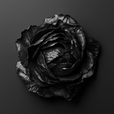 A stunning black rose displayed on a sleek dark background, showcasing intricate petals and textures. This artistic floral image is perfect for various design projects.の素材