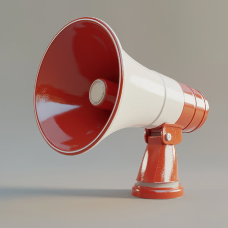 This image features a striking retro-style megaphone in red and white, perfect for announcements, events, and marketing activities. Its unique design attracts attention and serves as an effective communication tool.の素材