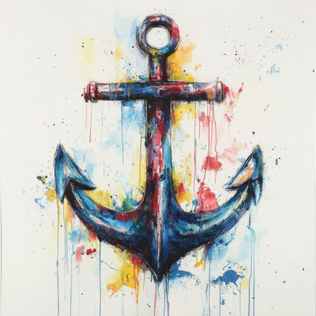 Colorful abstract anchor artwork showcases a blend of vibrant hues and splashes, perfect for nautical-themed decor and artistic expression in any space.の素材